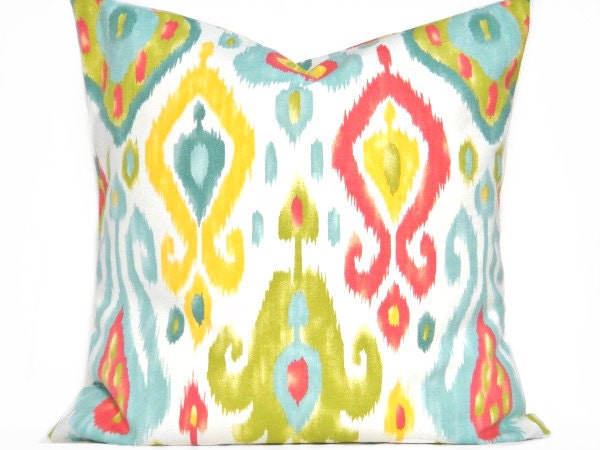 Turquoise Ikat Pillow Cover Green Yellow Red White Decorative 18x18