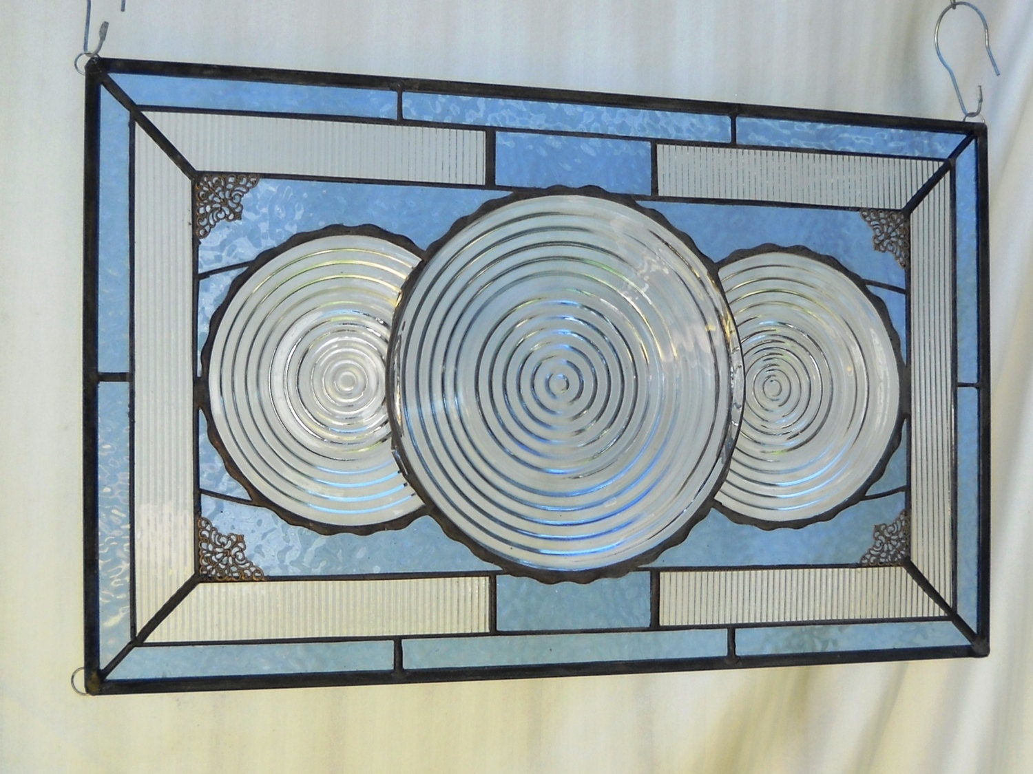 Vintage Manhattan Stained Glass Plate Panel with Antique 1930s Depression Glass Dishes