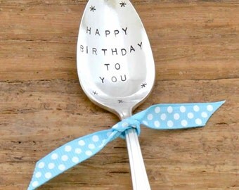 Hand Stamped Spoon Vintage Silverware Silverplate, Happy Birthday to You