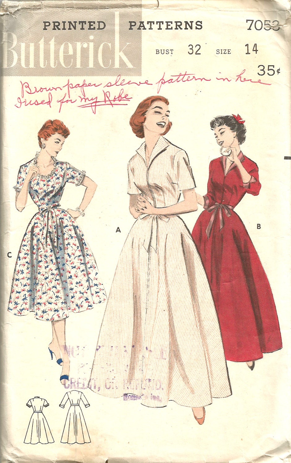 Vintage 50s Dress Pattern Zip Front Brunch Coat Lounging Gown 32 bust Butterick 7053 size 14 Rockabilly Robe
