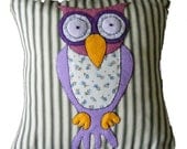 Owl cushion pillow appliqued felt with embroidered outline on green striped ticking fabric