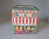 Vintage Movie House Tin / Large Cookie Tin, Movie Theater Container, Building Metal Box, Architectural Canister, Awning, Retro