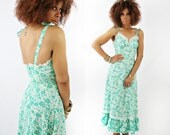 vintage 80s green FLORAL lace MAXI dress size XS/S
