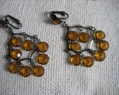 Vintage 1960's, Amber Rhinestone, Clip on Chandelier Earrings.  Gold Glass Stones.  Lots of movement.