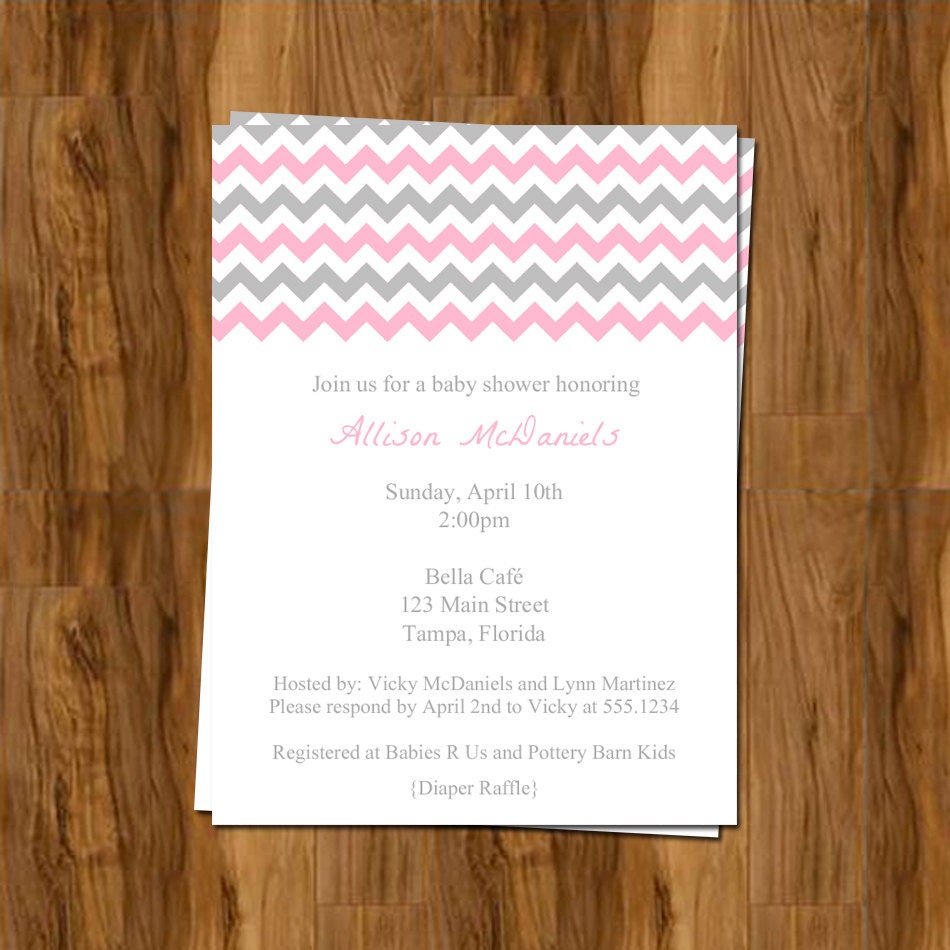 Chevron Baby Shower Invites in Pink, Set of 10 Printed Invitations and envelopes, FREE Shipping