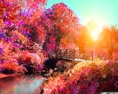 Art photography nature, stars, spring flowers, sunrise sunburst, bridge, water, pink, purple, pastel colors, 16x20"