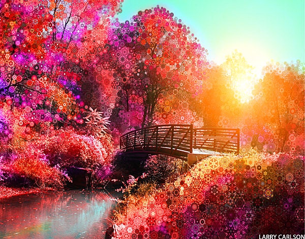 Art photography nature, stars, spring flowers, sunrise sunburst, bridge, water, pink, purple, pastel colors, 16x20"