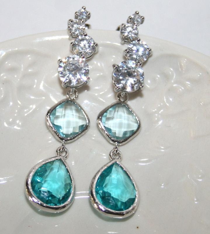 Aquamarine and Rhinestone Teardrop Sparkle Statement Earrings, Luxury Wedding Cubic Zirconia Rhinestone Aqua Blue Earrings