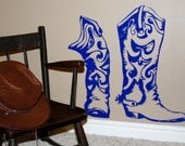 Country Western Cowboy Boots, Hat and Scene, Vinyl Wall Decal, Sticker
