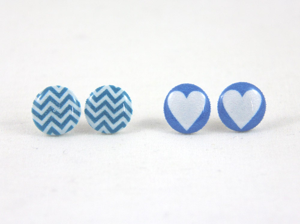 Blue Heart & Chevron - Earrings - Surgical Steel Posts