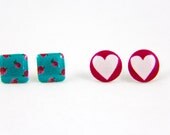 Pink Heart & Vintage Roses - Post Earrings - Hypoallergenic Surgical Steel