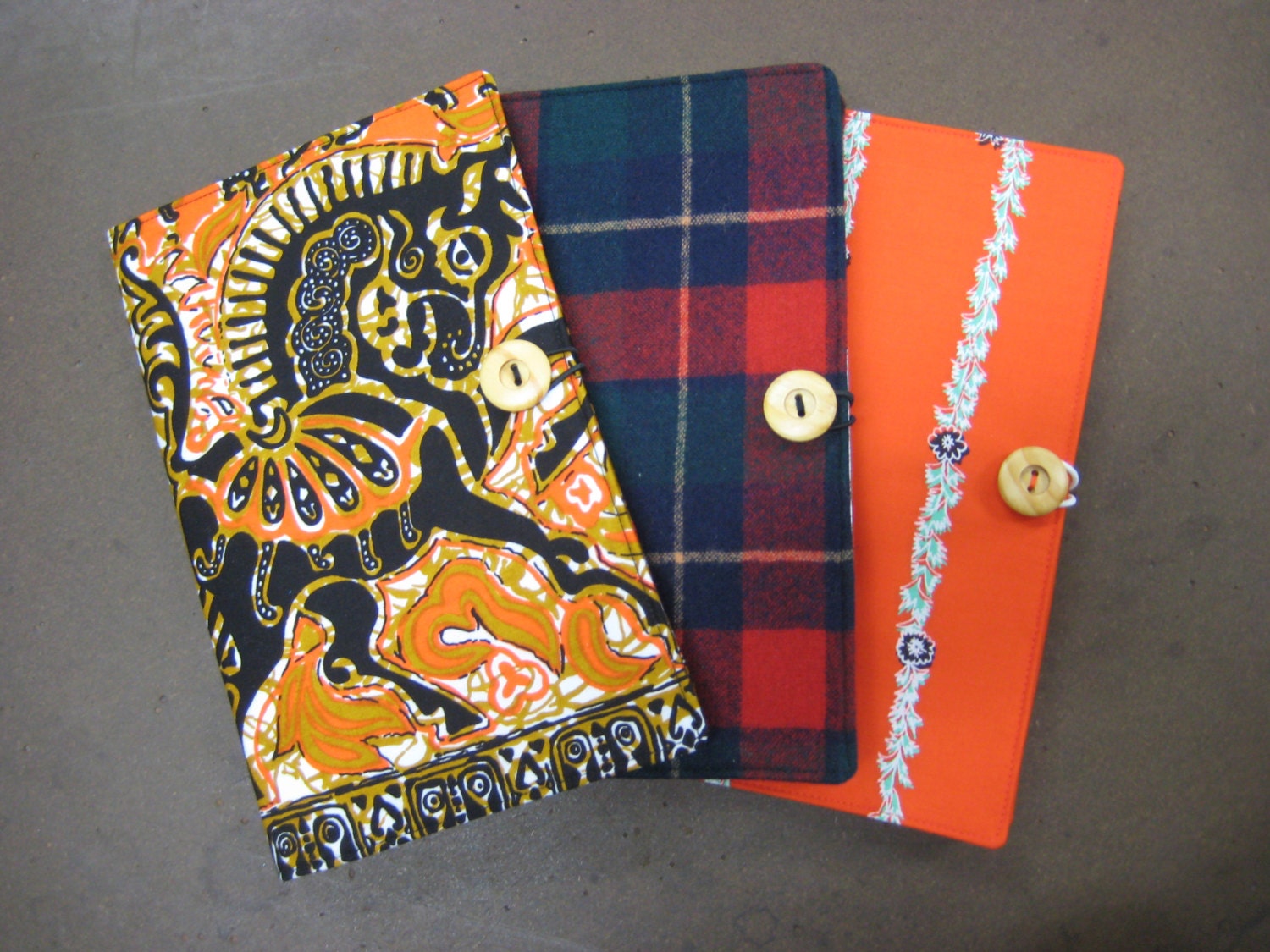 Large Travel Document Wallet, Passport Wallet, Holiday Travel Pouch with Zip Pocket in the Vintage Orange and Black Horse Batik Print