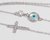 Sideways Cross Necklace, Evil Eye and Bezel Cubic Zirconia - Sterling Silver or Vermeil