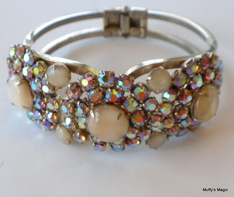 Juliana Champagne Moonstone Clamper Bracelet Aurora Borealis Rhinestones
