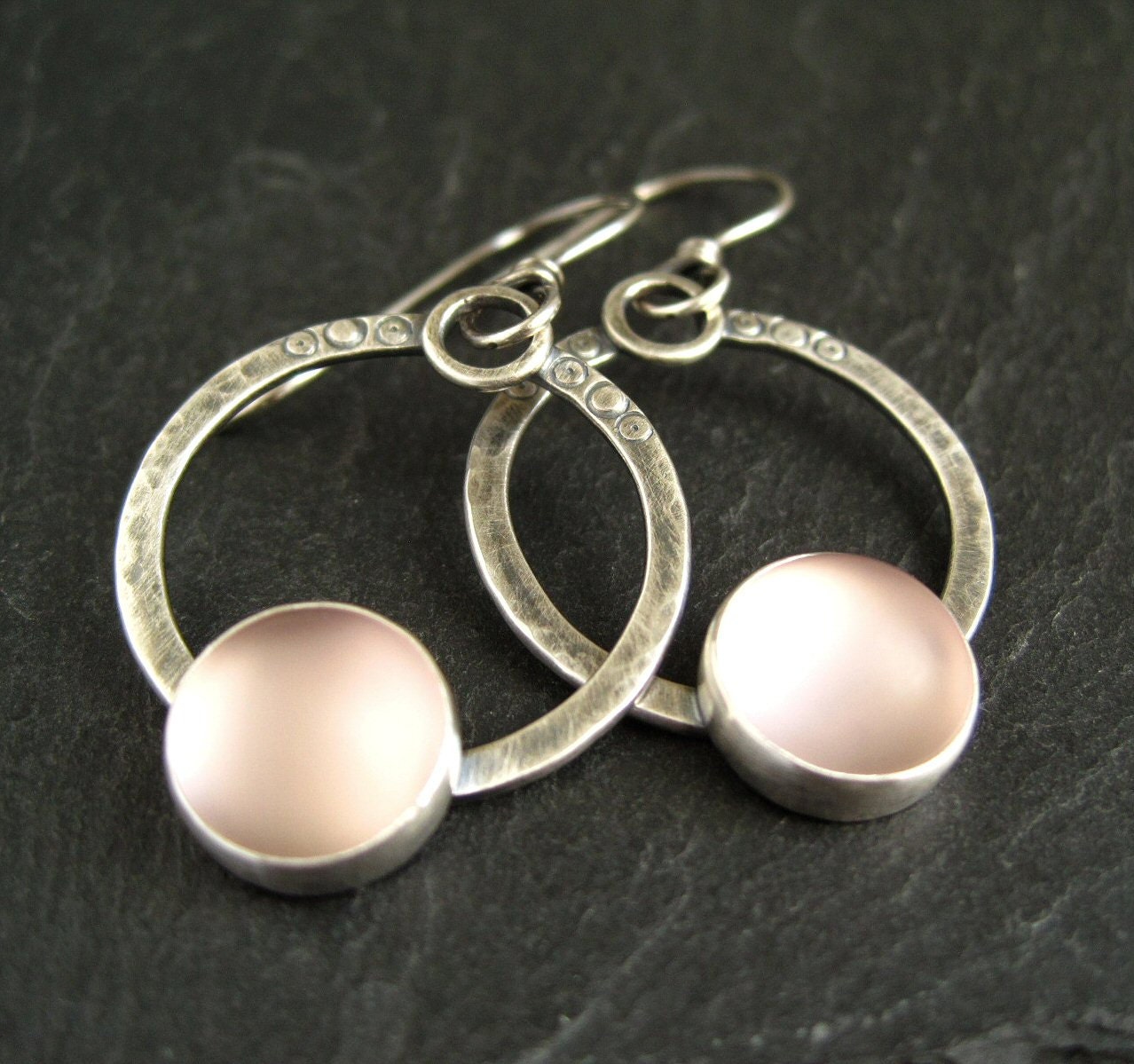 Hoop Earrings, sterling silver hoops, pink glass cabochon earrings, metalwork jewelry