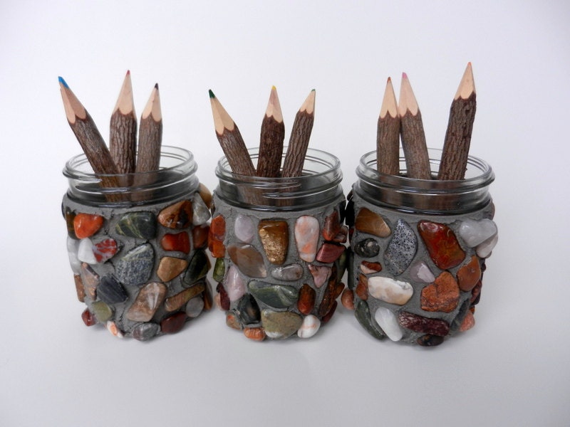 Cobblestone mason jars / Rustic vases /  jars with polished stones / mason jar decor / rustic home decor