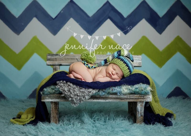 Elf Hat in Aqua, Navy, Cream, Grey and Lime Braided Tail