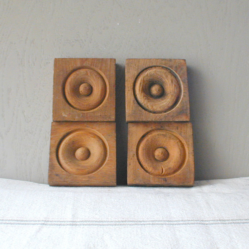 Vintage Turned Wood Plinths Corner Block Rosettes set of 4