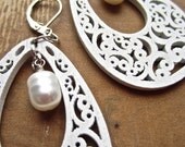 Wood Cut Earrings- white wood filigree with fresh water pearl drop