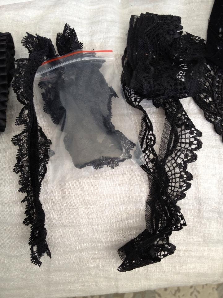 vintage black velvet ribbons, lace, trim, DESTASH