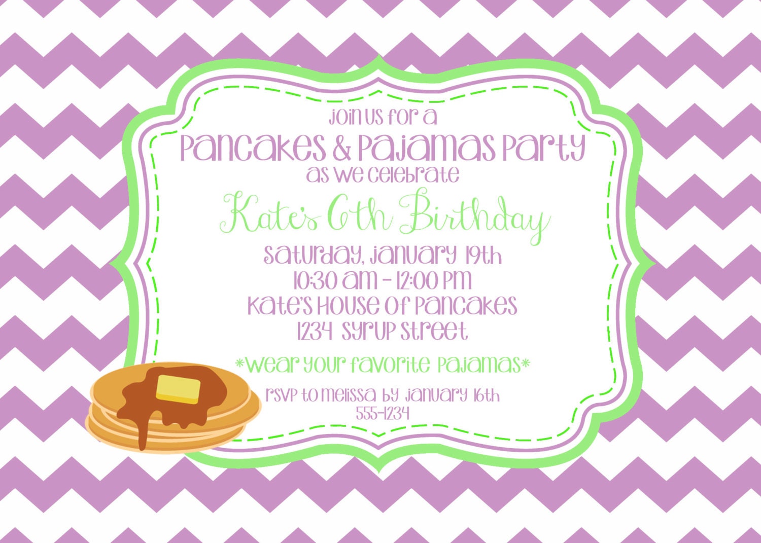 Pancakes & Pajamas Birthday Party Invitation with Chevron Background (Colors can be Customized)