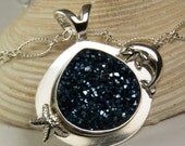 Sterling Silver Druzy Pendant, Dolphin Necklace, Blue Stone, Starfish Jewelry, Handmade