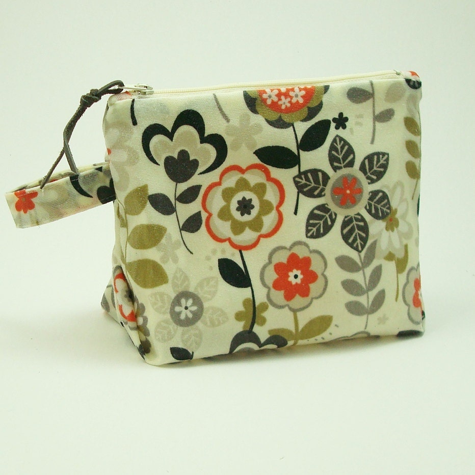 Waxed Canvas Cosmetic/Toiletry Zipper Pouch (Orange and Gray Floral)