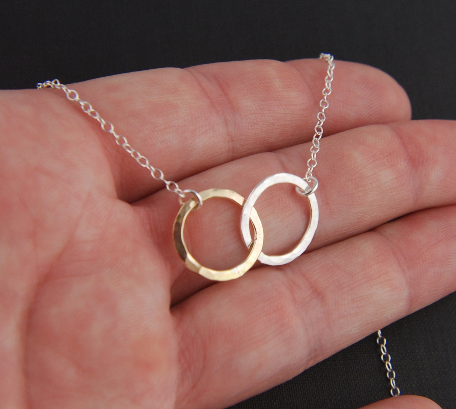 Sterling silver and gold filled hammered infinity links and sterling silver necklace, hammered circles, hammered necklace, mixed metals