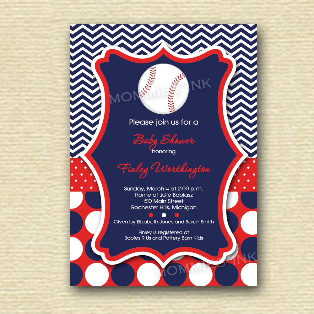 Chevron and Polka Dot Baseball Baby Shower Invitation - PRINTABLE INVITATION DESIGN Il_570xn