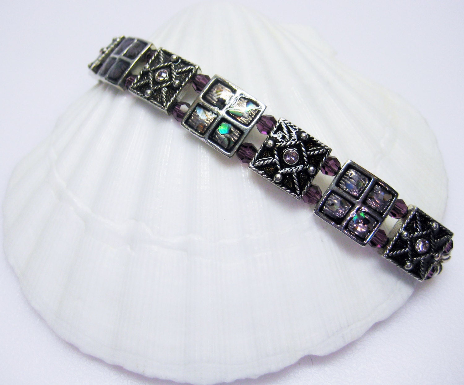 Amethyst Swarovski Crystal Bracelet - Amethyst Cuff Bracelet - Purple Bracelet - OOAK - 7 1/2