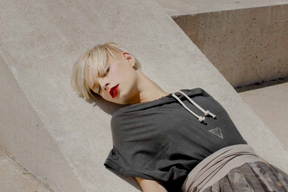 NEW Oversized boyfriend T-shirt stone washed dark grey, string tying