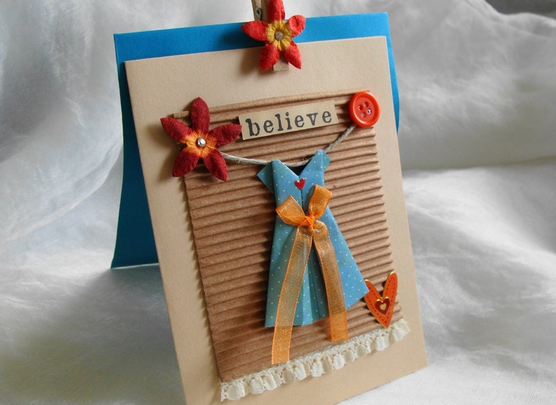 Gift Card Origami Dress Card Gift  Paper Dress Aqua Orange Believe
