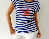Nautical Loose Fit Womens T shirt, Marine Striped Tunic Tee, Red Bird  Hand Stenciled Short  Sleeve Top Size S,M,L