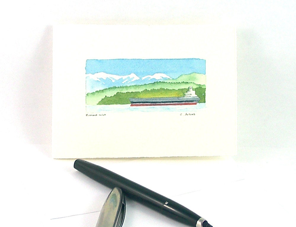 Landscape Watercolor Burrard Inlet in Vancouver Hand Painted Art Card