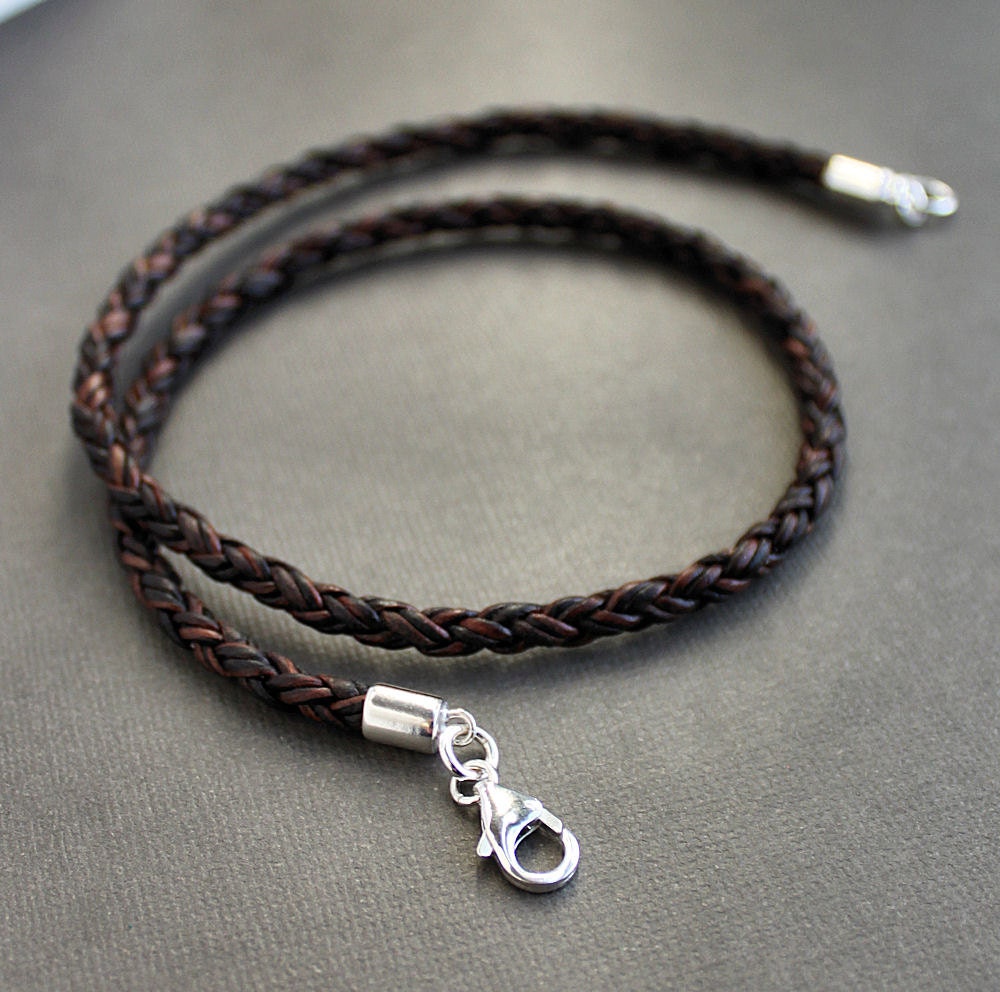 Round Braided Leather Necklace Polished Sterling Silver Clasp