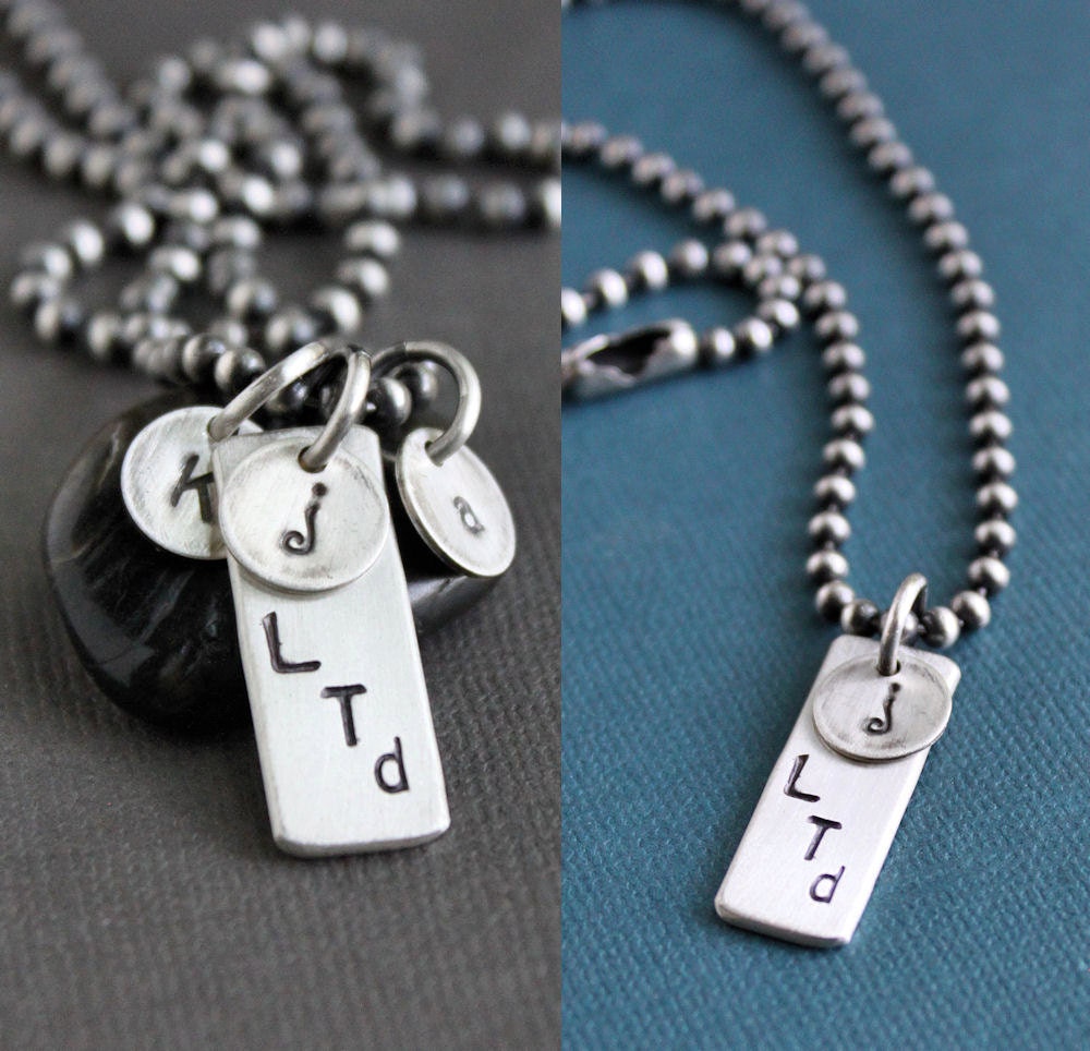 Personalized Fathers Necklace Sterling Silver Initial Charms, Mens Gift, Silver Ball Chain, Hand Stamped
