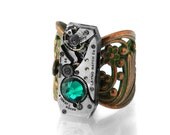 Steampunk Ring - Emerald Crystal & Vintage Watch Mechanism on Copper Filigree