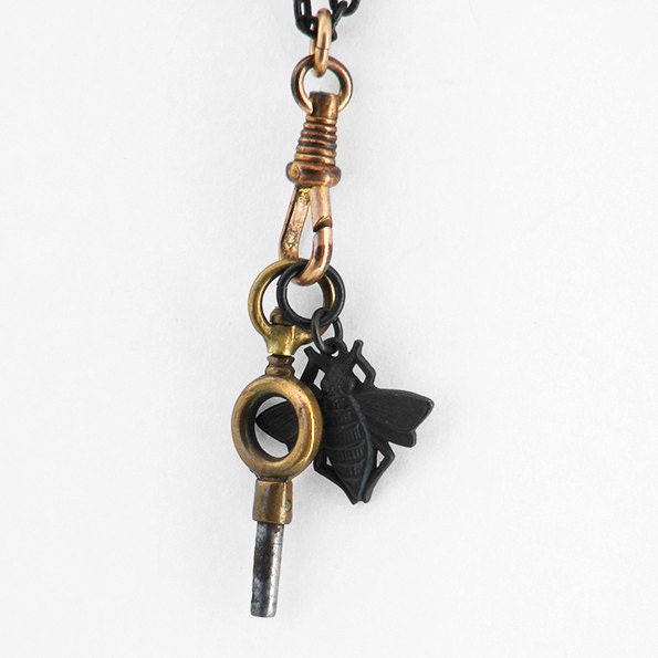 Antique Pocket Watch Key & Black Bee / Victorian / Rose Gold Fob Clip - Long Chain Necklace - Man Necklace