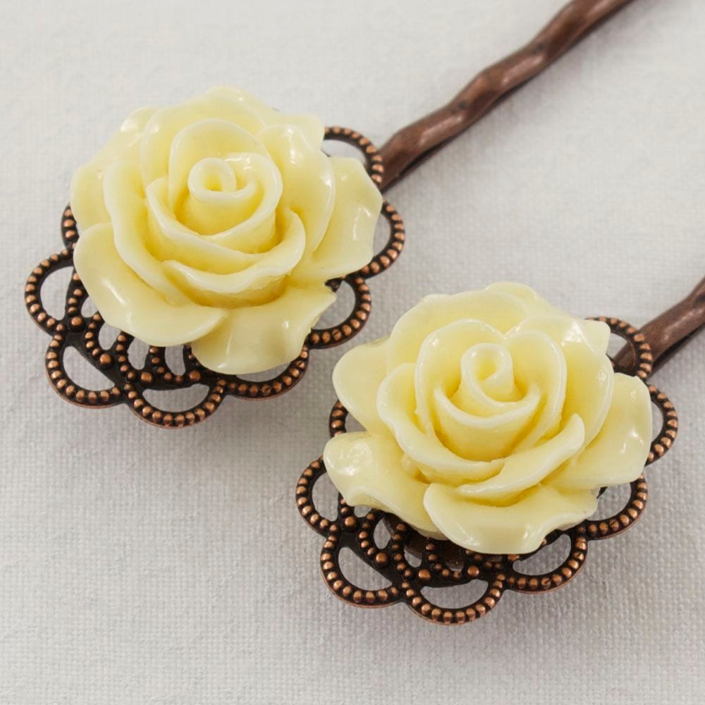 Flower Hair Pins, Cream Resin Rose Cabochon, Set of 2