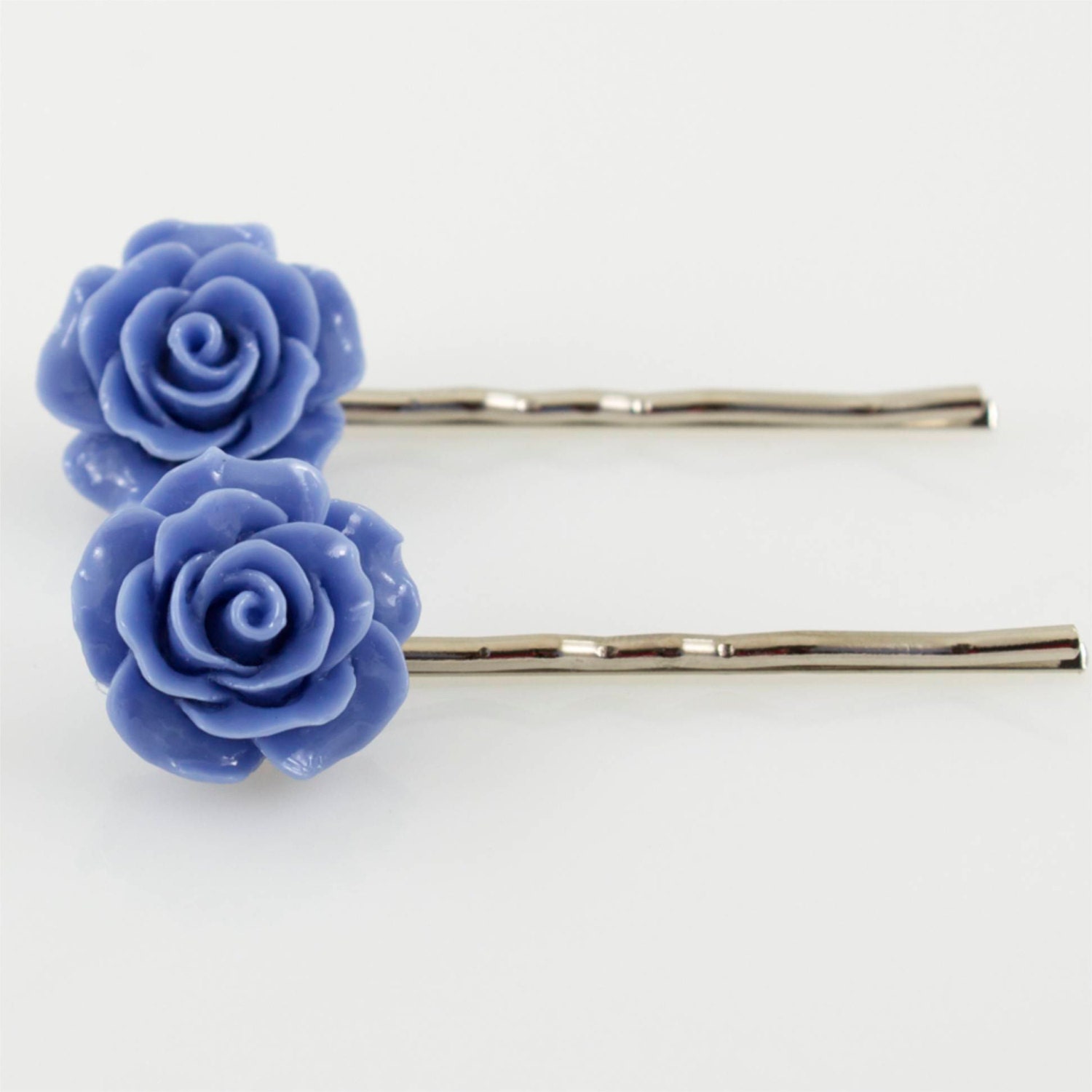Flower Hair Pins, Blue Resin Rose Cabochon, Set of 2