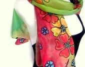 Hand Painted Silk Scarf, Mint Green Orange Red Multicolor Flower Rhapsody, Floral Silk Scarflette, Gift Under 40