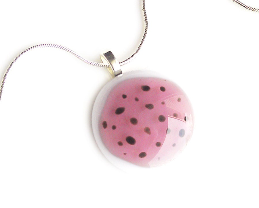 Rose Pink & White, Round Pendant Necklace, Fused Glass Jewelry