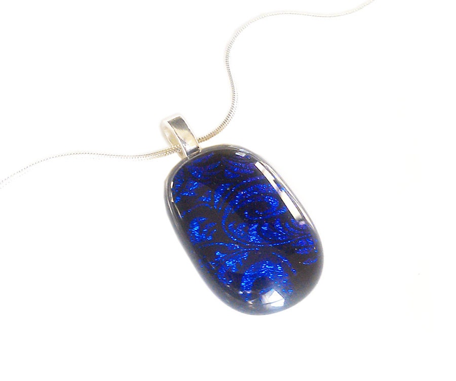 Dichroic Jewelry Fused Glass Jewelry Fused Glass Pendant Cobalt  Blue Plume Patterned Dichroic Pendant Necklace