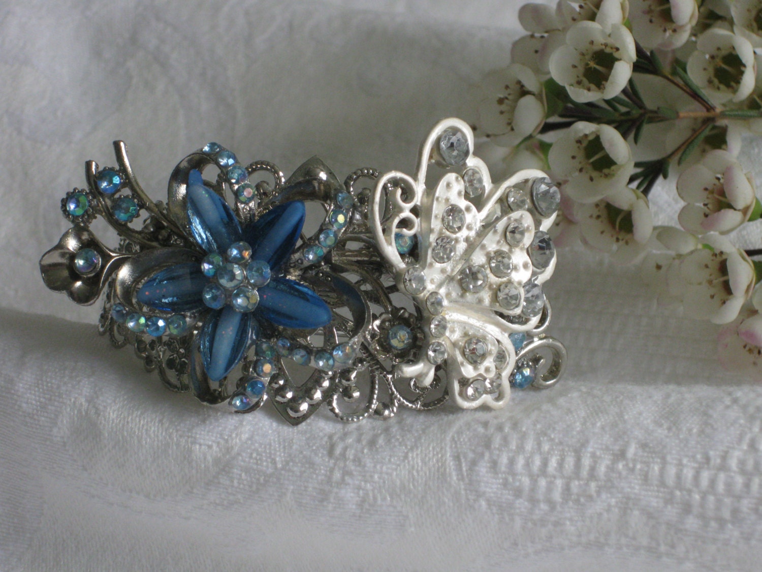 Butterfly Bracelet, Blue Bracelet, Bridal Bracelet, Silver, Cuff Bracelet, Chunky Bracelet, Wedding Jewelry OOAK