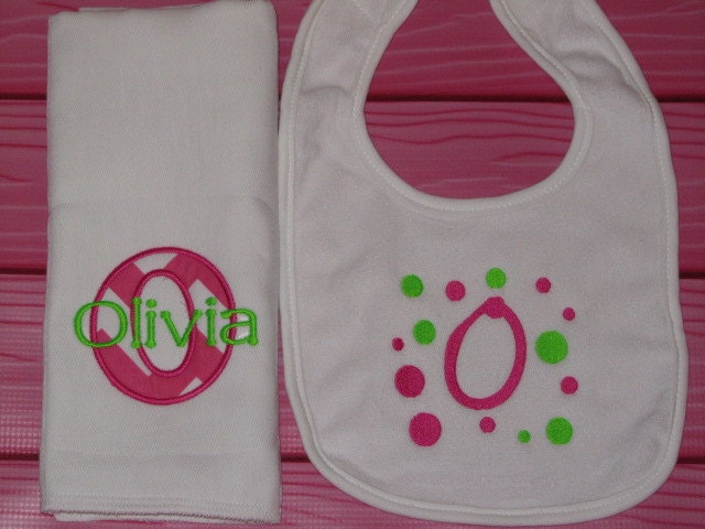 Personalized Pink Chevron Initial burp Cloth and Initial Dots Bib Gift Set Name