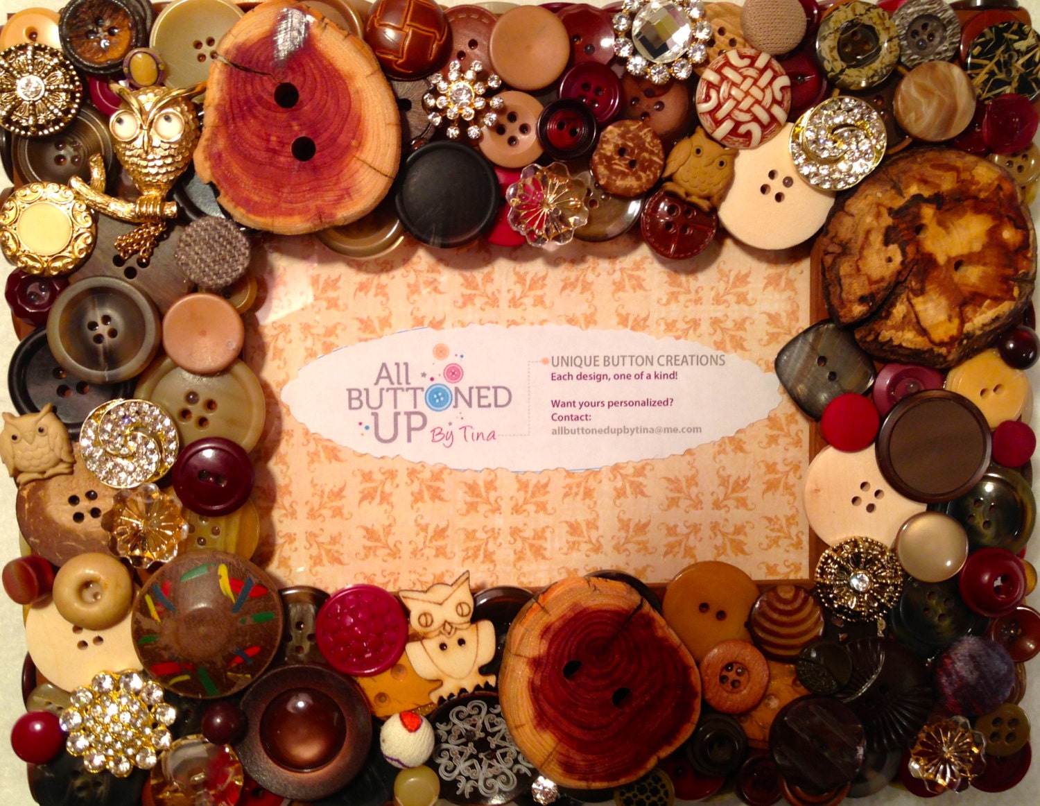 Owl Themed Button Picture Frame in Brown, Burgundy and Gold with an Owl Pin for 4"x6" photo