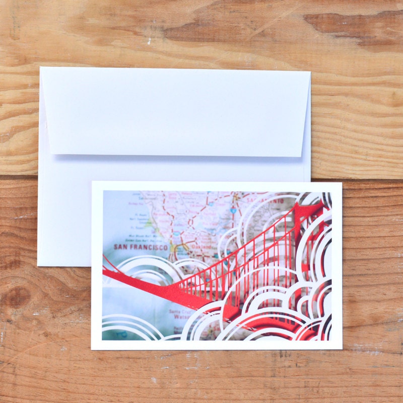 4x6 papercut print postcard . golden gate bridge . san francisco, fog, map