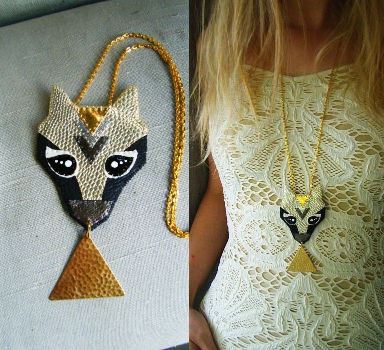 Limited Edition - Long Faux Leather Necklace  - Gold Warrior Wolf