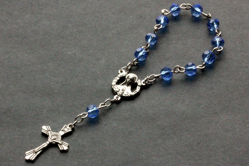 Light Blue Pocket Rosary. Crystal Rosary. Light Blue Rosary with Silver Accents. Handmade Rosary.