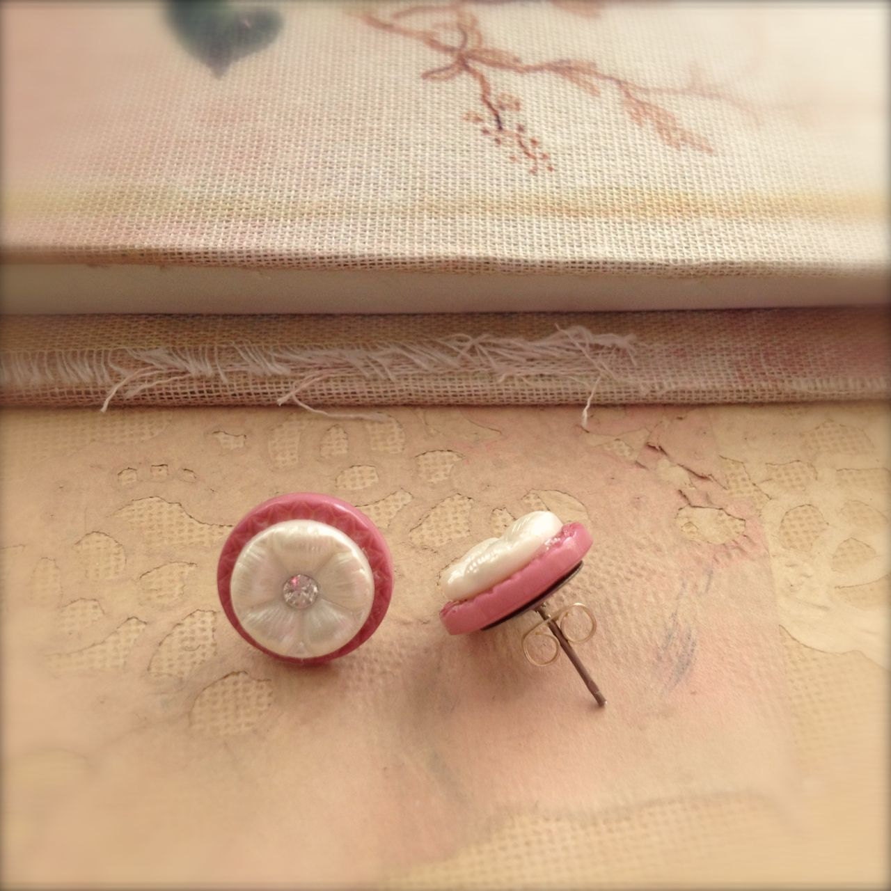 Pink Button Earrings Pink White Post Earrings Hypoallergenic Small